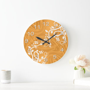 Grande Horloge Ronde Courbes Sur Orange Avec Filigree & Floral