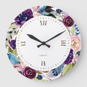 Grande Horloge Ronde Couronne de fleurs et de plumes boho