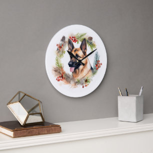 Grande Horloge Ronde Couronne de Noël au Berger Allemand Chien de fête