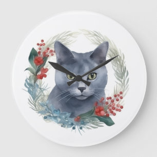 Grande Horloge Ronde Couronne de Noël au chat bleu russe Kitten festif