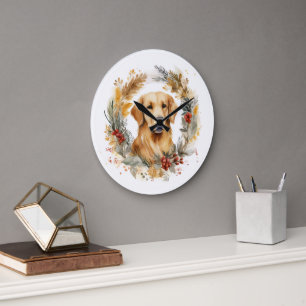 Grande Horloge Ronde Couronne de Noël au Golden Retriever Chien de fête