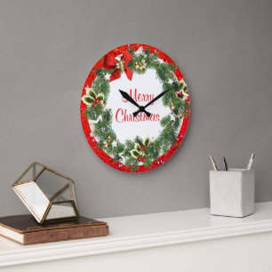 Grande Horloge Ronde Couronne de Noël avec paillettes rouges de fêtes