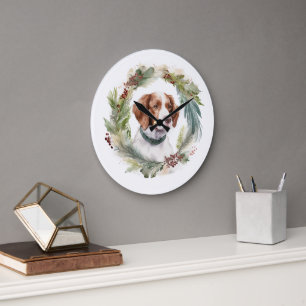 Grande Horloge Ronde Couronne de Noël Brittany Spaniel Chien de fête