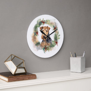 Grande Horloge Ronde Couronne de Noël festive Airedale Pup