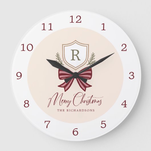 Grande Horloge Ronde Couronne de Noël personnalisée rustique avec monog (Recto)