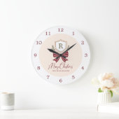 Grande Horloge Ronde Couronne de Noël personnalisée rustique avec monog (Maison)