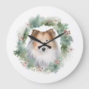 Grande Horloge Ronde Couronne de Noël Rough Collie festive Pup