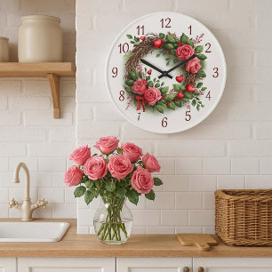Grande Horloge Ronde Couronne de roses avec cœurs rouges 