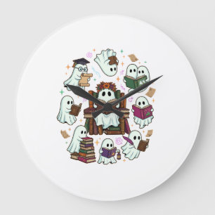 Grande Horloge Ronde Couronne florale de livres empilés de fantômes de