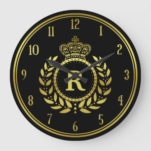 Grande Horloge Ronde Couronne Royale Laurel Wreath Black Gold Monogramm
