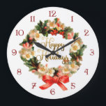 Grande Horloge Ronde Couronne vintage avec Joyeux Jours fériés Script<br><div class="desc">Couronne vintage nostalgique florale avec ruban,  script de calligraphie dorée "Happy Holidays" salutation et cadran personnalisé numéroté.</div>