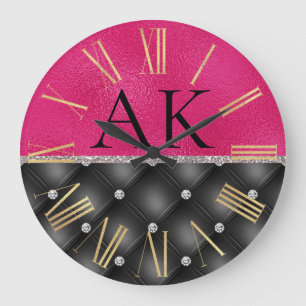 Grande Horloge Ronde Coussin de diamants noirs sur cuir rose chaud