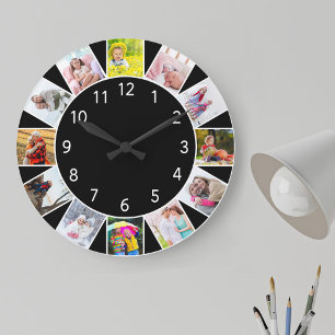 Grande Horloge Ronde Coutume 12 Collage photo noir gris rond