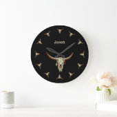 Grande Horloge Ronde Cow Skull Black Western (Maison)