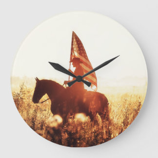 Grande Horloge Ronde Cowboy Portrait USA Flag Thème.