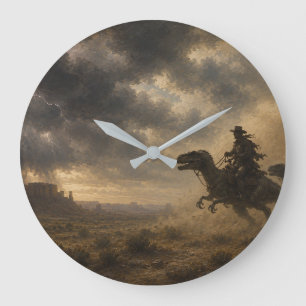Grande Horloge Ronde Cowboys chevauchant des dinosaures à travers une t