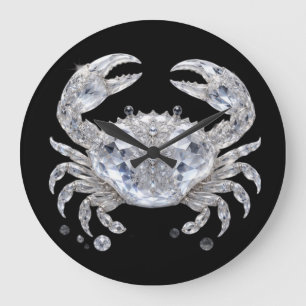 Grande Horloge Ronde Crabe en cristal d'argent Océan scintillant Luxe