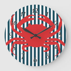 Grande Horloge Ronde Crabe rouge sur les rayures nautiques