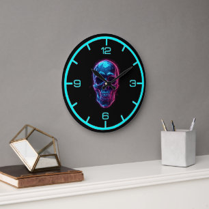 Grande Horloge Ronde Crâne Cyberpunk Néon Synthwave Lueur Gamer Goth