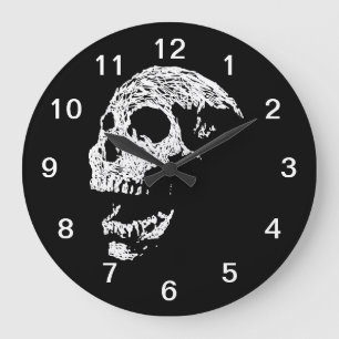 Grande Horloge Ronde Crâne dans le blanc sur le noir