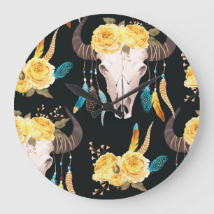 Grande Horloge Ronde Crâne de buffle décoré de fleurs sans joint