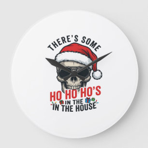 Grande Horloge Ronde Crâne de Noël Ho Ho Ho Humour Design