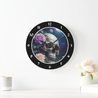Grande Horloge Ronde Crâne de Roses au Clair de Lune
