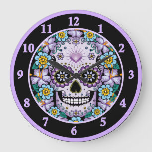 Grande Horloge Ronde Crâne de sucre pourpre aux fleurs
