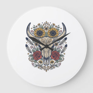 Grande Horloge Ronde Crâne de taureau floral vintage occidental
