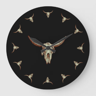 Grande Horloge Ronde Crâne de vache occidentale Noir Pays Brown Style r