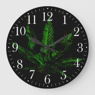Grande Horloge Ronde Crâne Effrayant et Plante en Pot