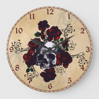 Grande Horloge Ronde Crâne et tatouage Rose style Goth Art