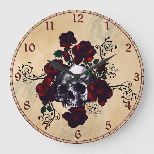 Grande Horloge Ronde Crâne et tatouage Rose style Goth Art (Recto)