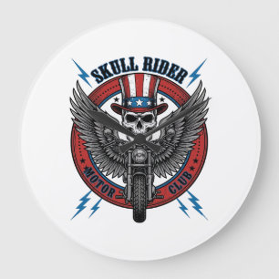 Grande Horloge Ronde Crâne Patriotique Moto Aigle Vintage