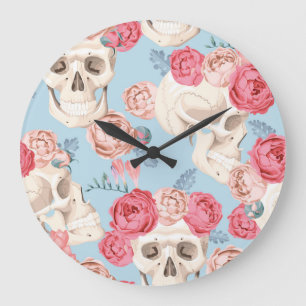 Grande Horloge Ronde Crânes et Motif Vintage Rose