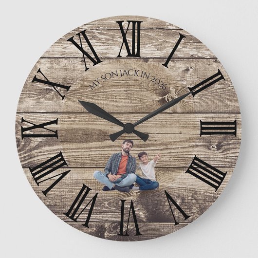 Grande Horloge Ronde Create Your Own Photo Rustic Wood Clock