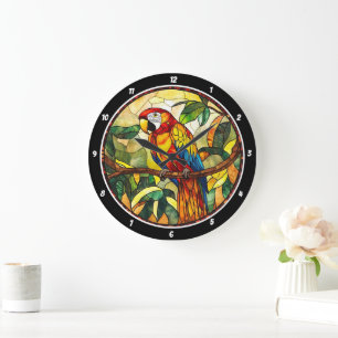 Grande Horloge Ronde Crimson Jungle Time" - Perroquet rouge en verre