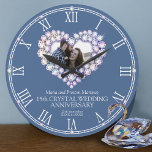 Grande Horloge Ronde Cristal coeur photo 15e anniversaire mariage<br><div class="desc">Crystal heart wedding anniversary clock personalize with your own couples, year of marriage, and names or relationship to you. The example reads Maria and Preston Martinez 15th Crystal Wedding Anniversary and your marriage and anniversary date or message. Other matching items are available. Crystal heart effect graphic art and design by...</div>