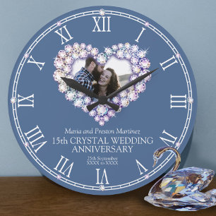 Grande Horloge Ronde Cristal coeur photo 15e anniversaire mariage