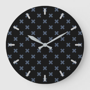 Grande Horloge Ronde Crochets bleu-gris sur noir