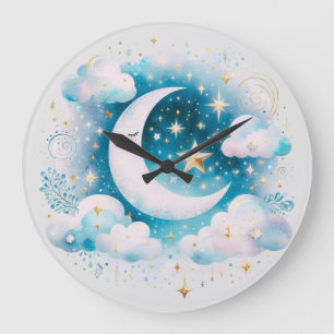 Grande Horloge Ronde Croissant de Lune Céleste Bleu et Blanc Bohème Mod