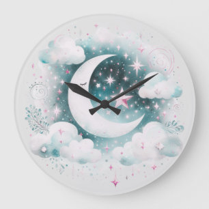 Grande Horloge Ronde Croissant de Lune Céleste Bleu et Blanc Bohème Mod