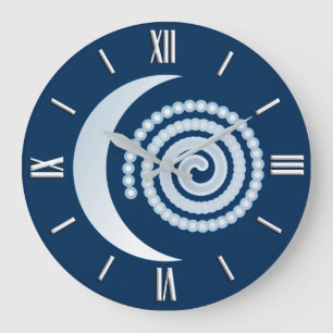 Grande Horloge Ronde Croissant de lune d'argent, bleu foncé