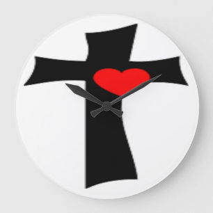 GRANDE HORLOGE RONDE CROIX AVEC CŒUR ROUGE