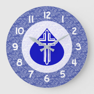 Grande Horloge Ronde Croix Bleue Teardrop Blanc - Arrière - plan Bleu