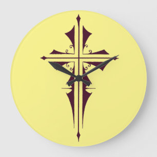 Grande Horloge Ronde Croix chrétienne d'art pourpre royal