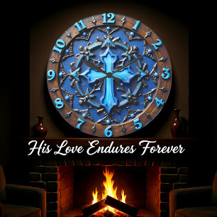 Grande Horloge Ronde Croix cobalt lumineuse ornée