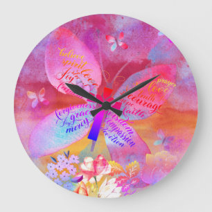 Grande Horloge Ronde croix de papillon d'aquarelle violette rose