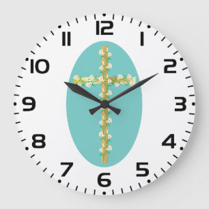 Grande Horloge Ronde Croix de Pâques élégante en or avec des lys blancs