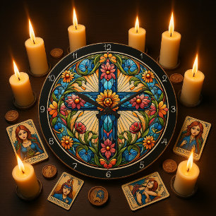 Grande Horloge Ronde Croix de verre teinté floral automnal 
